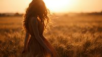 Young woman with long curly hair in flowing dress standing in golden wheat field during sunset, warm light creating dreamy atmosphere for lifestyle content.
