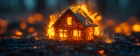 Glowing miniature house illuminated from within against dark background with magical bokeh lights, creating mystical atmospheric scene for fantasy concepts.