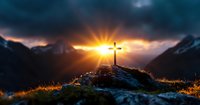 Christian cross silhouette on mountain peak at dramatic sunset with sun rays breaking through dark storm clouds over mountain landscape.