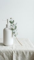 White ceramic soap dispenser with pump top and eucalyptus branch on linen fabric, isolated on white background for spa, wellness, and bathroom product design use.