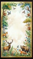 Watercolor woodland animals border frame with deer, bear, fox, owl, squirrels and birds surrounded by forest trees and foliage on textured background.