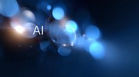 Glowing AI text with blue bokeh lights and lens flare effects on dark background creates futuristic technology concept for artificial intelligence designs.