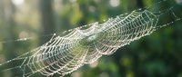 Intricate spider web covered in morning dew drops glistening in soft natural light with blurred green foliage background for nature and wildlife themes.