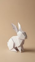 White geometric origami rabbit with low-poly faceted design on a warm beige background, perfect for Easter and modern decor concepts.