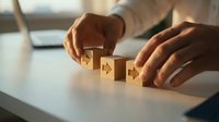 Businessman arranging wooden blocks with arrows in a row on a desk, symbolizing strategy, progress, and sequential business planning.