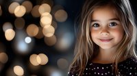 Young Caucasian girl with long brown hair smiling warmly against blurred bokeh lights background, wearing sparkly dark dress. Natural childhood portrait.