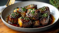 Glazed beef meatballs with herbs in savory sauce served in ceramic bowl on wooden table for gourmet dining and culinary presentations.