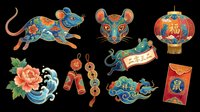 Colorful decorative Asian-inspired design elements featuring ornate mouse, lantern, firecrackers, and floral motifs isolated on transparent background. Ready for t-shirt design, clipart, stickers, and print-on-demand projects.