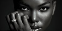 Close-up portrait of African American female model with intense gaze against dark background, wearing diamond ring and metallic lipstick.