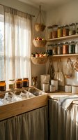 Organized kitchen pantry with wooden shelves holding glass jars of dried goods, hanging wicker baskets, natural linen curtains, and storage containers for home organization and sustainable living.