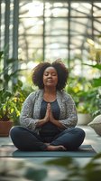 Young African American woman practicing mindfulness meditation in lotus position at modern greenhouse yoga studio with natural light and tropical plants.