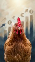 Brown hen with red comb facing camera against financial growth background with currency symbols, upward arrows and bar charts representing business success and market gains.