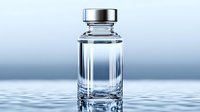 Medical vial with clear liquid and silver cap on reflective surface for pharmaceutical research and healthcare applications.