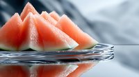 Fresh juicy watermelon triangular slices on glass plate with reflection against light background, close up view of ripe summer fruit for healthy eating.