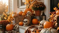 Autumn porch decorated with pumpkins, skulls, mums and lanterns creating spooky Halloween atmosphere at residential home entrance.