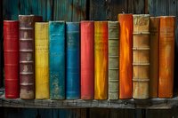 Row of vintage hardcover books in various colors standing on wooden shelf against rustic turquoise background. Nostalgic library or bookstore setting.