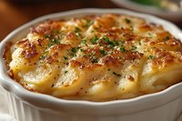 Creamy potato gratin with golden cheese crust and fresh herbs, served in white ceramic dish for elegant dinner presentation.
