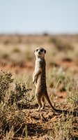 Meerkat standing upright on red desert soil, alert and watchful amid dry savanna scrubland under a clear sky in African wilderness.