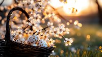 Easter eggs with delicate white polka dots in woven basket against blooming spring cherry blossoms and golden sunset bokeh background, creating magical atmosphere.