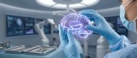 Surgeon in blue gloves holds glowing holographic brain in high-tech operating room with robotic arms and digital monitors in background.