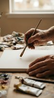 Senior artist hands holding paintbrush creating artwork on canvas with watercolor paints in natural light studio workspace for creative projects.