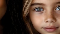 Close up portrait of young girl with bright blue eyes, natural freckles, and light brown hair against dark background, showing innocent smile and pure beauty.