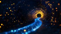 Glowing blue particle path leading to bright golden portal in dark space, magical tunnel with sparkling light effects and bokeh elements creates mystical atmosphere.