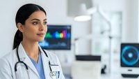 Professional female doctor with stethoscope in modern medical office with digital monitors and advanced healthcare technology equipment.
