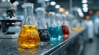 Laboratory glassware with colorful chemical solutions in modern research facility. Scientific equipment for experiments and analysis in pharmaceutical development.