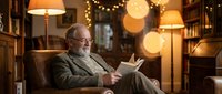 Senior Caucasian man with beard and glasses reading book in cozy library armchair with warm lighting and bokeh background for relaxation concepts.