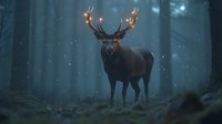 Mystical deer with glowing antlers standing in misty dark forest at night. Magical woodland creature illuminated by ethereal light in foggy mysterious atmosphere.