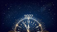 Elegant clock face with roman numerals and 2027 text on starry night sky background, suitable for new year celebrations, calendar designs, and festive marketing materials.