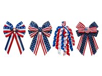Patriotic ribbon bows and decorative hair clips in red, white, and blue stripes and stars. Isolated design elements for Fourth of July crafts, patriotic events, and holiday decorations.