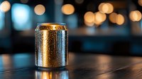 Cold aluminum can with water drops on dark wooden table against blurred bokeh lights background, moody atmospheric beverage photography for advertising.