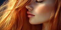 Side profile portrait of young woman with flowing ginger hair illuminated by warm golden sunlight, showing natural makeup and soft lips against dark background.