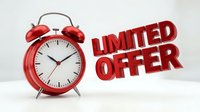 Red alarm clock beside bold red LIMITED OFFER text on white background, conveying urgency for sales, promotions, and marketing campaigns.