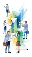 Business team analyzing financial growth charts with upward trending arrows and colorful watercolor background for corporate presentations.