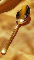 Shiny golden spoon on luxurious silk fabric background with dramatic lighting and reflective surface creating elegant shadows and highlights.
