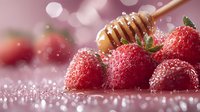 Fresh ripe strawberries with honey dipper dripping golden honey, captured with soft bokeh lights and water droplets on pink background for food styling.
