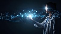 Doctor using virtual reality headset exploring futuristic medical technology with glowing digital interface and data visualization for healthcare innovation.