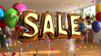 Gold foil balloon letters spelling SALE with colorful party balloons and confetti floating in bright interior space, festive retail promotion atmosphere.