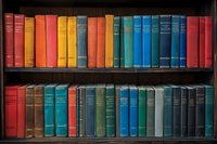 Colorful vintage hardcover books arranged on wooden shelves in rainbow order from red to blue, creating vibrant library display for education and literature concepts.