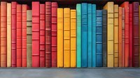 Colorful vintage books arranged in rainbow order on wooden shelf, spines showing vibrant spectrum from red through yellow to blue. Library collection background.