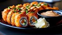 Crispy fried sushi rolls topped with sesame seeds and green onions, served with creamy dipping sauce and pickled ginger on black plate.