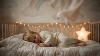 Peaceful young child sleeping in cozy bedroom with warm fairy lights and glowing star lamp creating magical dreamy atmosphere for bedtime stories.