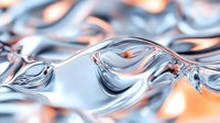 Liquid metal abstract waves with copper and silver colors creating dynamic flowing pattern. Futuristic metallic surface with smooth ripples and reflective texture.