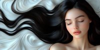 Young Asian woman with flowing black hair against white background, closed eyes and natural makeup, displaying healthy shiny hair in waves and curls.