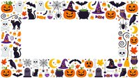 Colorful Halloween icons and symbols arranged in a decorative border frame on white background. Includes pumpkins, ghosts, bats, witches, cauldrons, spiders, skulls, candy corn, and autumn leaves. Isolated clipart elements ready for greeting cards, invitations, posters, and seasonal designs.