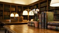 Antique books and white orchid flowers arranged on wooden desk in classic library with warm lighting and bookshelves. Perfect for education, literature, and interior design projects.