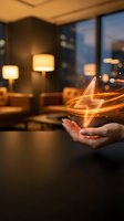 Hand holding glowing lightning bolt symbol in modern office interior with warm lighting and city skyline view. Energy and power concept for business and technology applications.